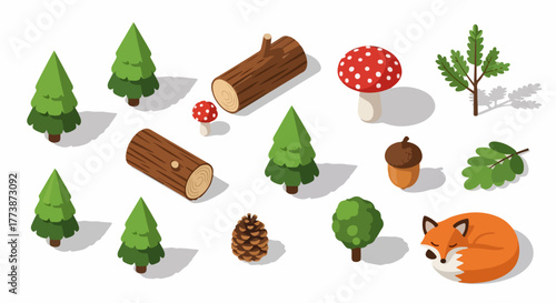 Isometric forest and wildlife elements set, featuring pine trees, wood logs, red mushrooms, and a sleeping cartoon fox illustration.