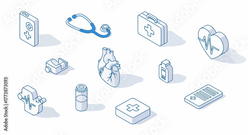 Cardiology and Healthcare Equipment Isometric Line Art. Set featuring a human heart, stethoscope, medical kit, and heartbeat symbols.