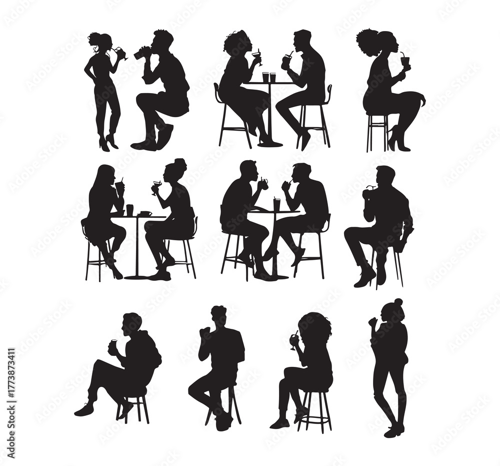 Obraz premium Silhouettes of them socializing in a cafe. A diverse group of people chatting and drinking. A cheerful cafe with a diverse group of friends socializing. A social gathering in a lively cafe with a dive