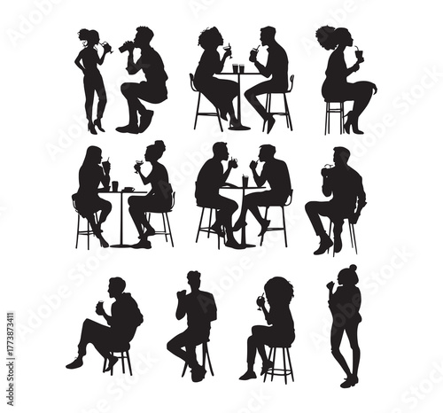 Silhouettes of them socializing in a cafe. A diverse group of people chatting and drinking. A cheerful cafe with a diverse group of friends socializing. A social gathering in a lively cafe with a dive
