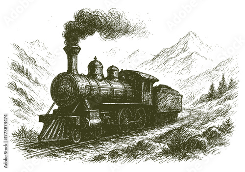 Vintage Steam Train Journey Through Mountainous Landscape Vintage Steam Locomotive Drawing – Classic Train Illustration Art Hand-Drawn Old Steam Train Sketch in Mountain Scenery Retro Steam Engine 