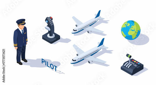 Isometric aviation and piloting set featuring pilot, commercial aircraft, flight controls (joystick, throttle), and global travel symbols.