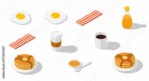 Isometric breakfast food collection featuring eggs, bacon, pancakes, coffee, and syrup in a flat vector design isolated on white.