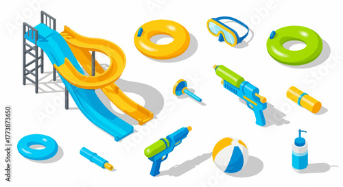 Isometric Water Park Toys and Summer Fun Equipment Collection including Water Slide, Inflatables, Goggles, and Squirt Guns