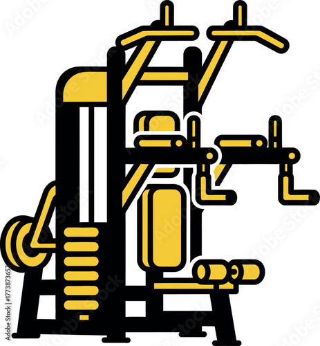 Yellow multistation gym machine with black outline vector