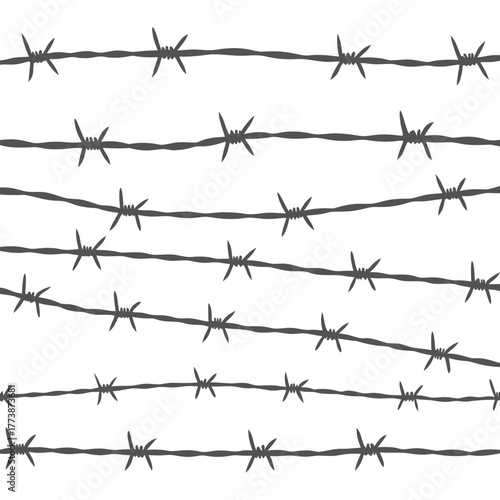 Barbed wire seamless pattern vector symbolizing restriction, protection, and security on white background, perfect for defense, boundary, and industrial safety concept designs.