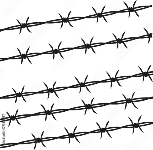 Barbed wire seamless pattern illustration showing security, restriction, and protection concept on white background, ideal for defense, boundary, and industrial safety design themes.