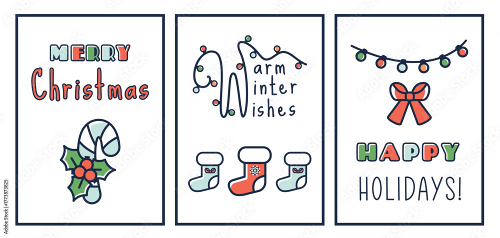 Obraz premium Christmas cards set with wishes. New Year design. Cozy Xmas flyers decorated festive joys, socks, holly, candy, gifts, lights. Hand drawn Christmas borders for winter holiday, invitations. Vector