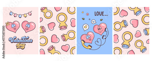 Set of Valentine's day flyers. Romantic postcard template. Kissing lips pattern, wedding ring. Love message to each other. Flirting couple. Doodle hand drawn illustration.  Vector illustration