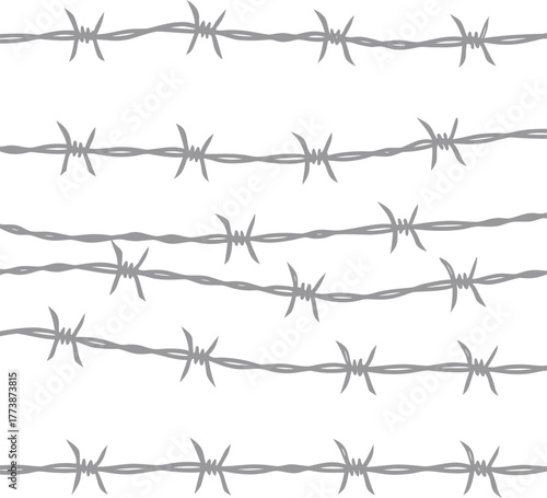 Barbed wire seamless pattern illustration symbolizing security, restriction, and protection on white background, ideal for defense, boundary, and industrial safety design concepts.
