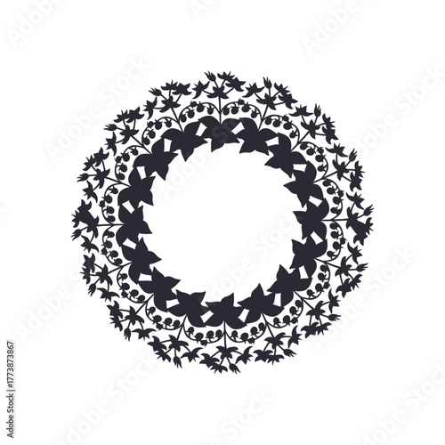 Hand drawn line art canary islands flowers tenerife nightshade wreath black silhouette. Card template with cute monochrome floral frame