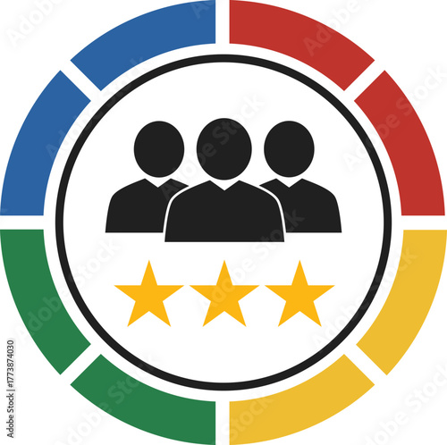 Three-star team rating icon representing teamwork, leadership, and performance in a colorful circular design symbolizing quality, evaluation, and business collaboration success.