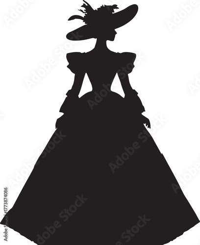 An elegant woman silhouette in 1800s Australian fashion, wearing a fancy gown and hat.