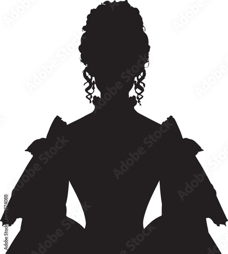This is a silhouette of an Australian woman dressed in 1800s fashion, featuring an elaborate gown and hairstyle.