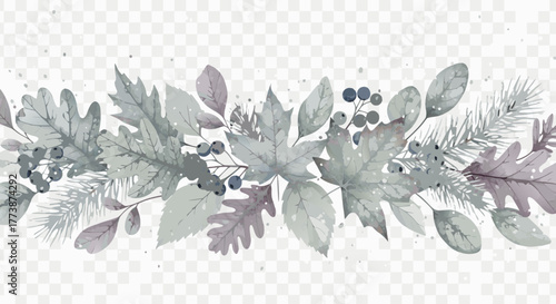 Elegant winter vector garland with frosty, muted leaves and dark berries. Isolated.