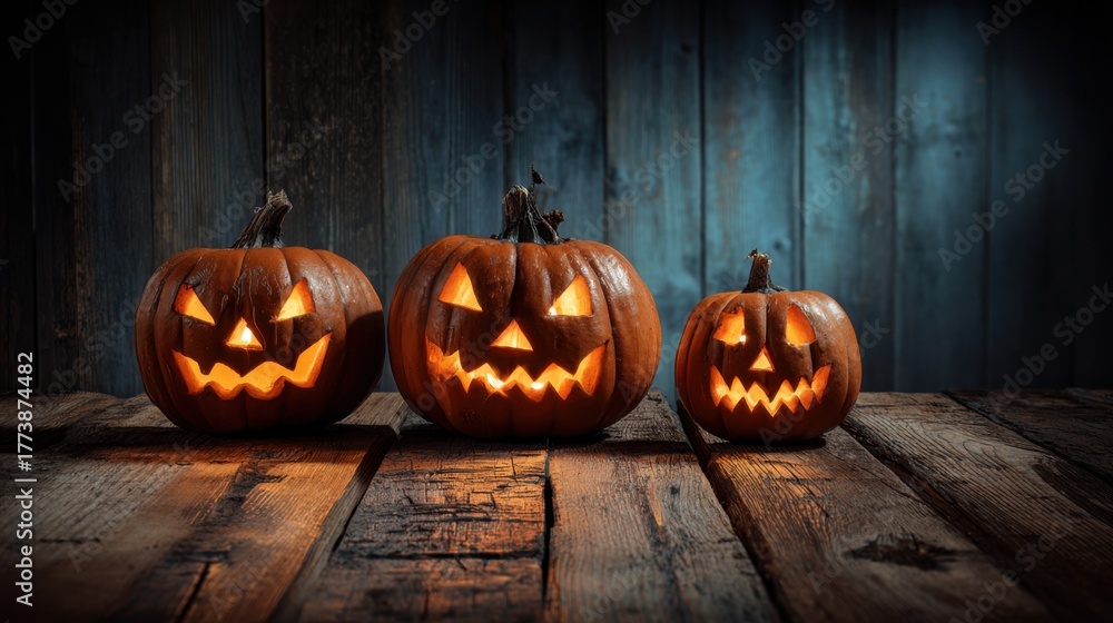 Fototapeta premium glowing carved pumpkins on rustic wood