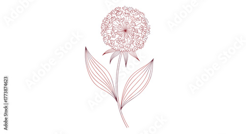 A detailed illustration of a single dandelion flower head in bloom with long stem and leaves.