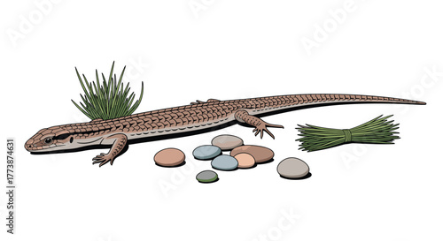 A brown spotted lizard rests near some smooth river stones and dry grass.