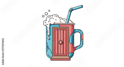 An imaginative surreal art piece featuring a mug with a door and straw and foam on top.