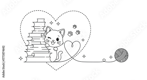 Cute kitten with a ball of yarn and books inside a heart outline.