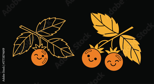 Two cute cartoon fruits with smiling faces and leaves on a black background