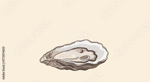 A close up pixel art of an open oyster shell with a pearl inside sitting on a sandy beach.