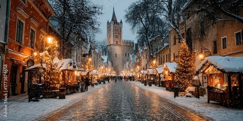 Fototapeta Naklejka Na Ścianę i Meble -  A bustling European Christmas market filled with glowing stalls
