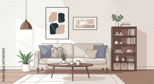A cozy living room scene with a sofa and bookshelf.