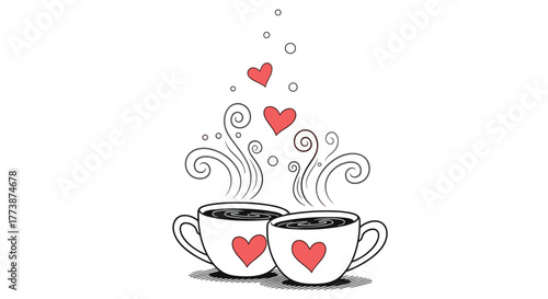 Two cups of coffee with steam and hearts rising from them.