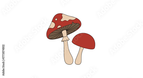 Two adorable cartoon red mushrooms with white polka dots are growing in the forest.
