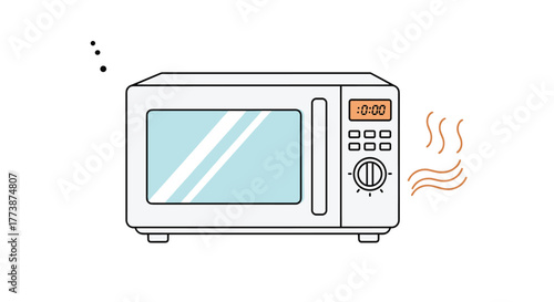 A simple cartoon microwave oven is shown with steam coming out of the side.