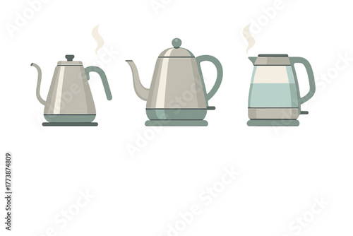 Collection of modern electric kettles and gooseneck pour-over coffee pots steaming on white background