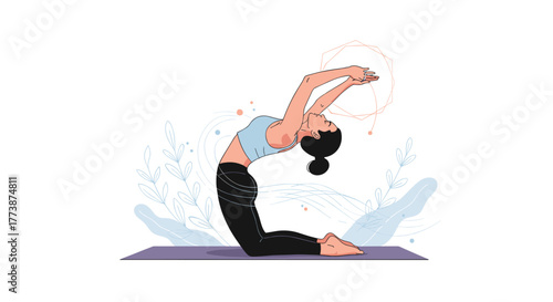 A woman performs a deep backbend yoga pose on a mat.