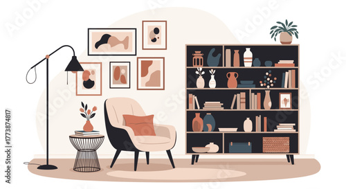 A cozy living room corner with a plush armchair and an ornate bookshelf filled with books and decor.