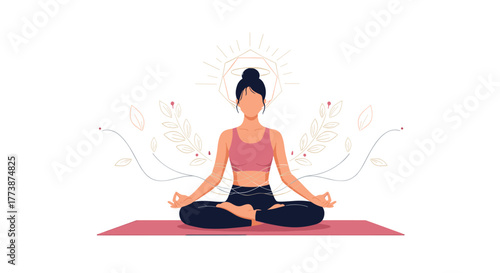 A woman meditating on a yoga mat with intricate decorative elements in the background.
