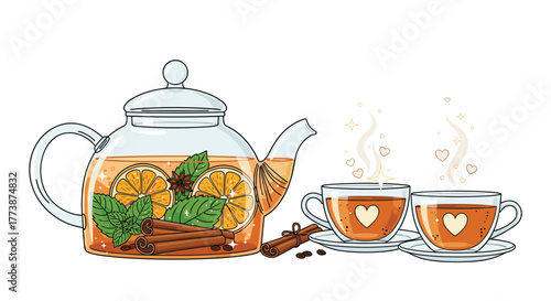 A steaming pot of herbal tea with slices of orange and cinnamon sticks alongside two cups filled with warm beverage.
