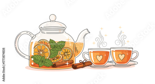 Warm soothing tea with cinnamon sticks and citrus slices in a glass teapot and cups.