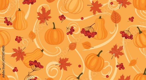 Autumn harvest pumpkins and fall leaves decorative pattern design.
