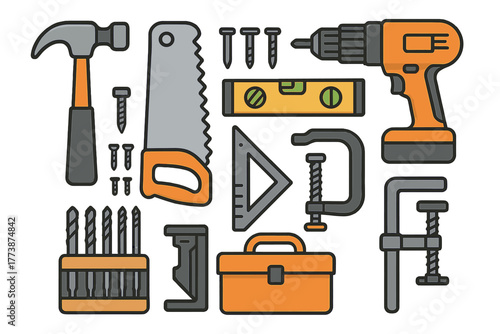 Collection of essential hand tools and power equipment for construction and home repair projects
