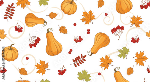 A decorative pattern of pumpkins and fall leaves in various sizes and colors on a white background.