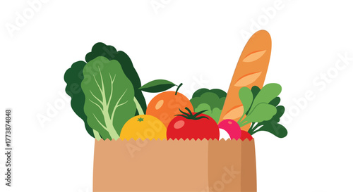 A paper bag overflowing with fresh produce and bread.