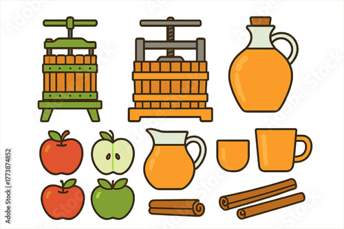 Traditional cider press equipment, fresh apples, juice pitcher, and cinnamon sticks set