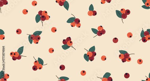 A charming seamless pattern of red berries and green leaves on a beige background.
