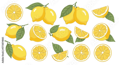 A vibrant collection of fresh yellow lemons and their refreshing citrus slices.