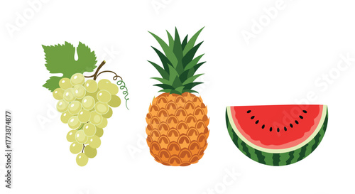 A bunch of green grapes next to a pineapple and a slice of watermelon.