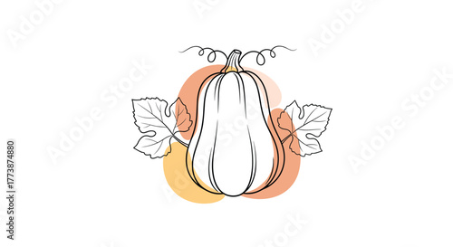 A simple line art drawing of a butternut squash with autumnal watercolor accents.
