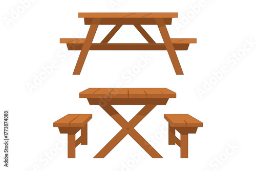 Classic wooden picnic table and separate outdoor dining set with benches