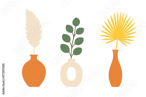 Minimalist boho composition with three decorative vases and dried botanical elements