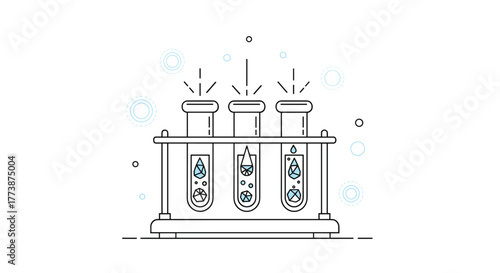 Scientists are conducting experiments in test tubes with colorful bubbles.