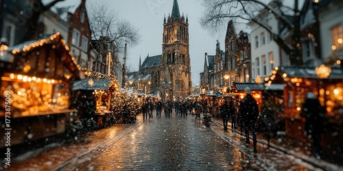 Fototapeta Naklejka Na Ścianę i Meble -  A bustling European Christmas market filled with glowing stalls